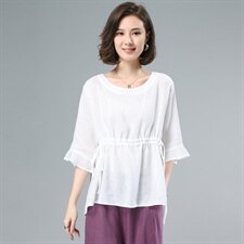 2021夏季新款简约时尚气质圆领抽绳收腰不规则下摆苎麻上衣，女装衬衫，奕阳依阁