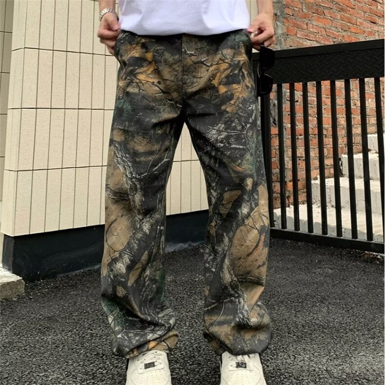 美式街头树枝迷彩复古工装牛仔裤男百搭高街宽松小众设计阔腿休闲,男装牛仔裤,星座506A