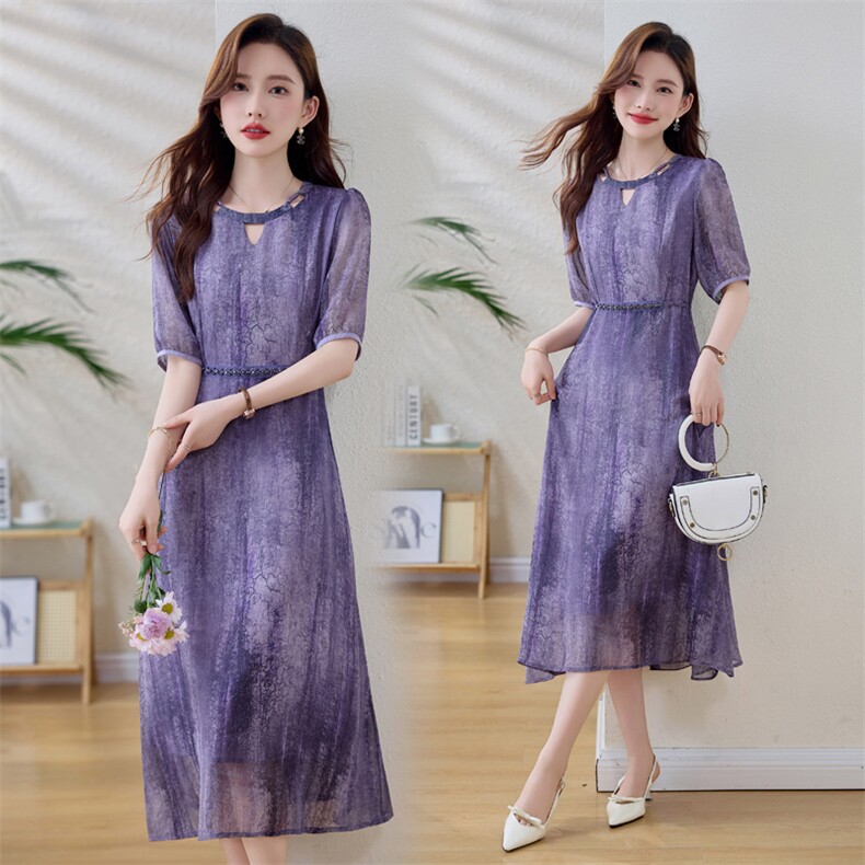 高端洋气紫色晕染礼服连衣裙女春夏新款宽松显瘦气质长裙，女装连衣裙，缘衣格