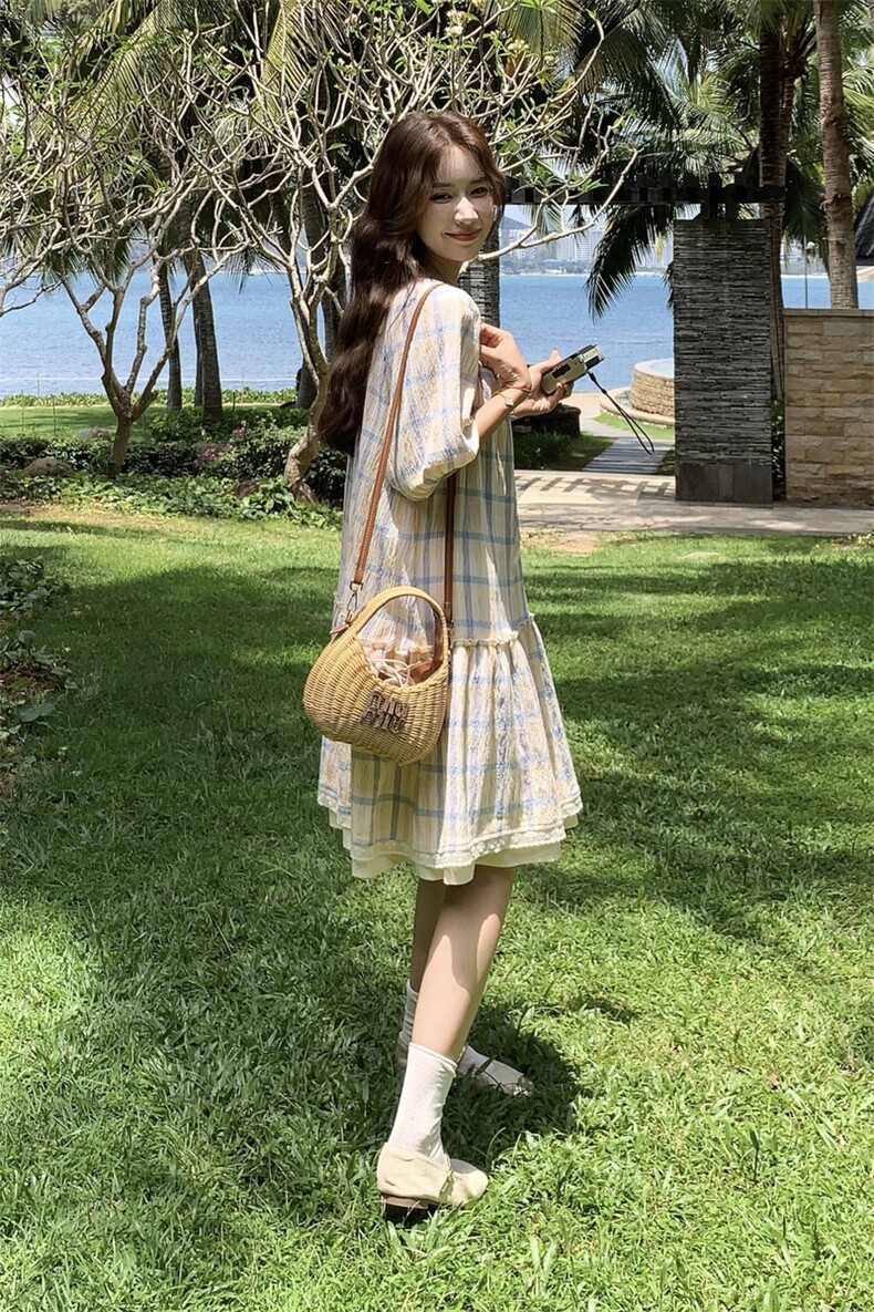 小清新泡泡袖圆领格纹连衣裙女2025夏季新款韩系宽松小个子a字裙,女装连衣裙,2C201