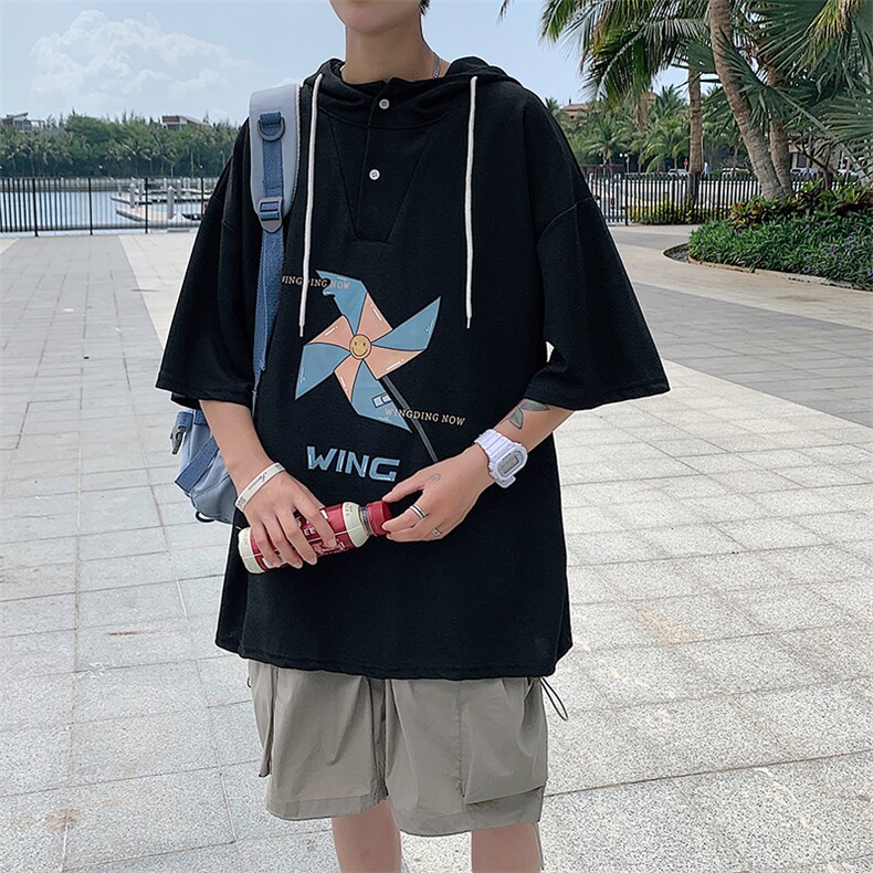 LD54112-P45 连帽短袖t恤男大码胖子带帽五分袖中袖图片