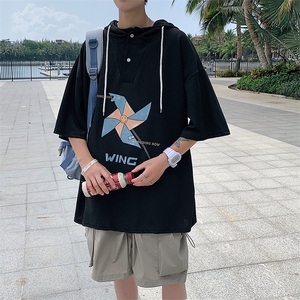 LD54112-P45 连帽短袖t恤男大码胖子带帽五分袖中袖图片