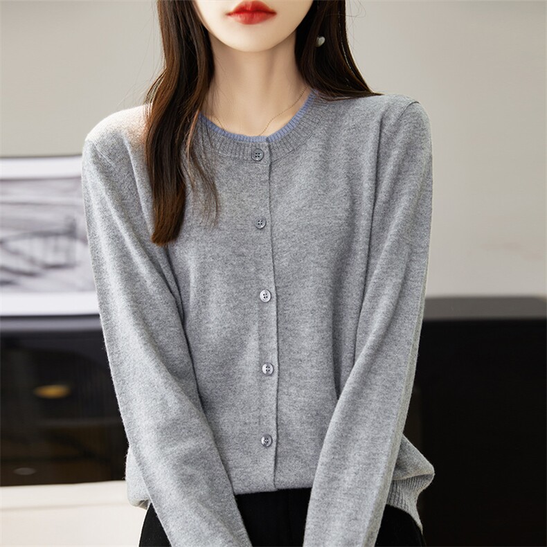 2024年秋季长袖单排扣纯色时尚百搭双圆领羊毛开衫，女装羊毛衫，朝思羊绒
