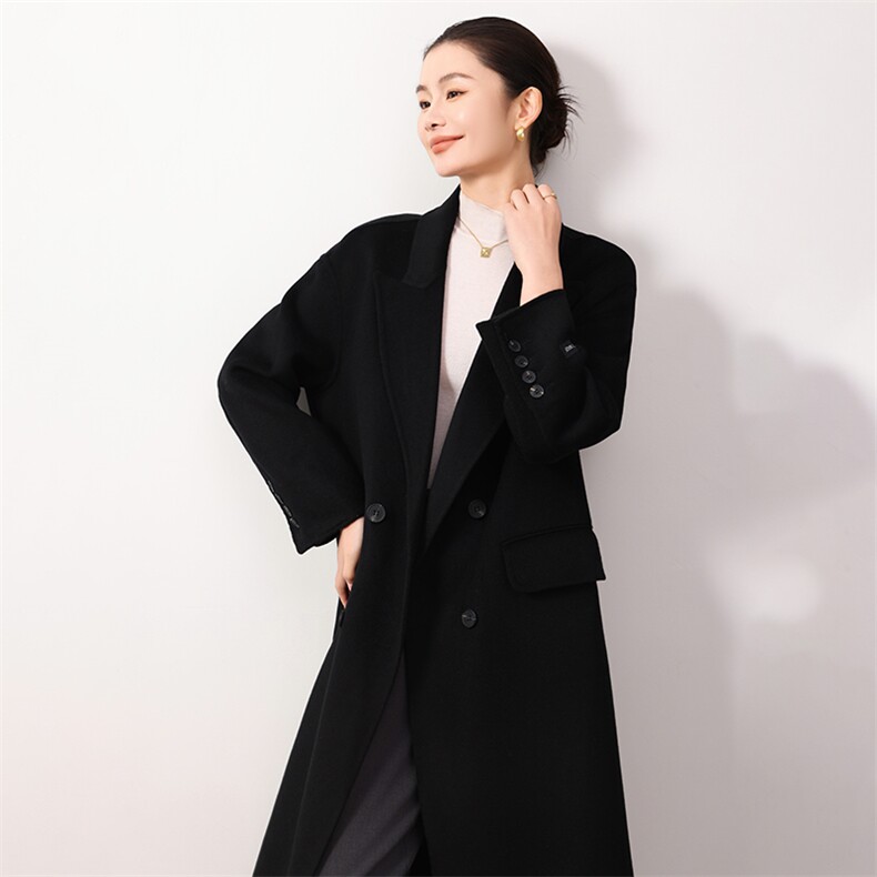 时尚百搭秋冬新款羊毛女士双面呢大衣显瘦气质长款外套,女装双面呢大衣,岳达羊绒