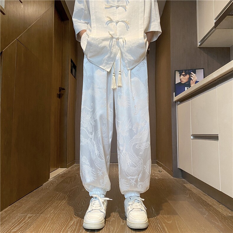 抖音品质夏季风新中式缎面宽松休闲裤B315-K24113-特p35控68,男装休闲裤,电商B315