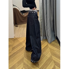 W11076-P60网图现货春季新款水洗做旧铆钉毛边拖地微喇叭牛仔裤，男装牛仔裤，星座1608
