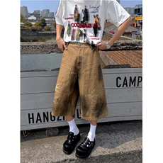 卡其色七分裤男2025夏季新款水洗做旧小众设计感直筒宽松牛仔短裤，男装牛仔裤，四季星座505