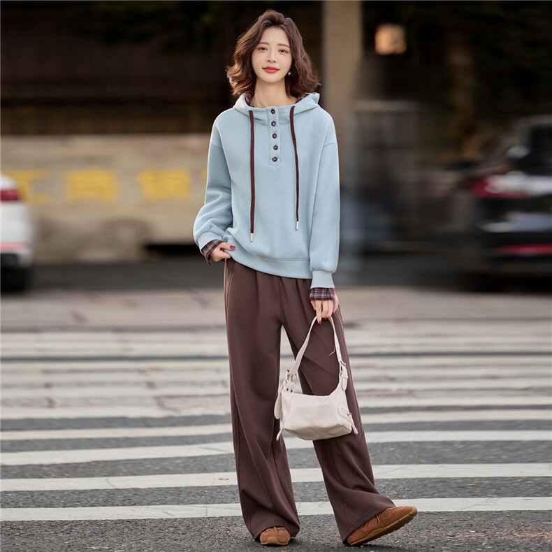蓝色加绒连帽卫衣女2025冬季新款加厚两件套装宽松直筒卫裤撞色,女装卫衣/绒衫,梦懿尔