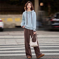 蓝色加绒连帽卫衣女2025冬季新款加厚两件套装宽松直筒卫裤撞色，女装卫衣/绒衫，梦懿尔