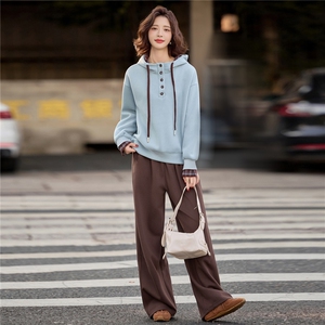 蓝色加绒连帽卫衣女2025冬季新款加厚两件套装宽松直筒卫裤撞色图片
