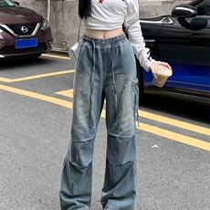 美式水洗做旧拼接阔腿牛仔裤潮牌高街复古宽松直筒休闲拖地长裤，女装牛仔裤，星座506A