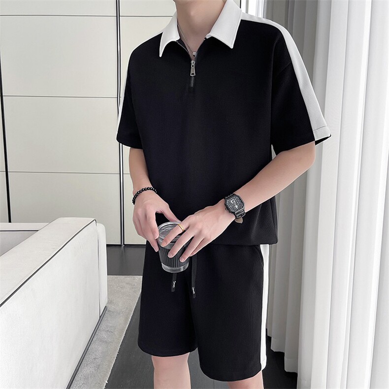 轻熟风~2025夏季新款华夫格拼色拉链领设计短袖套装Z033/P85,男装休闲套装,电商B331