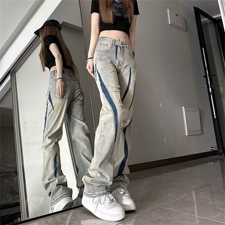 欧美vibe风高街破洞补丁拼接牛仔裤男女春秋季新款青少年炸街裤子,男装牛仔裤,星座506A