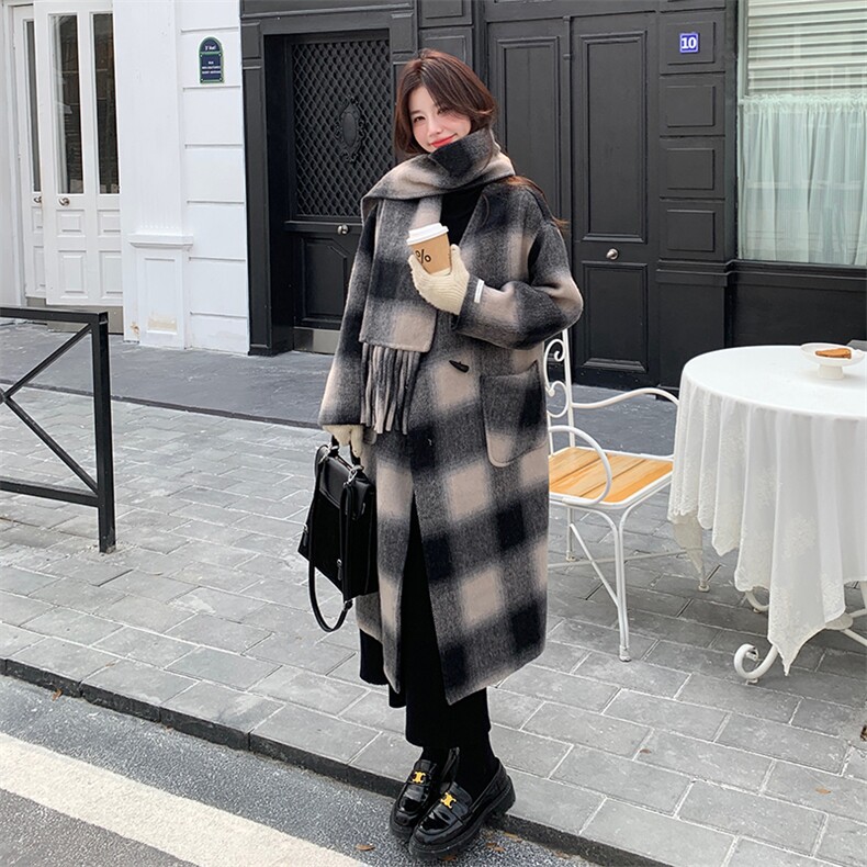 双面呢黑白格大衣~带围巾,女装毛呢外套,2C283