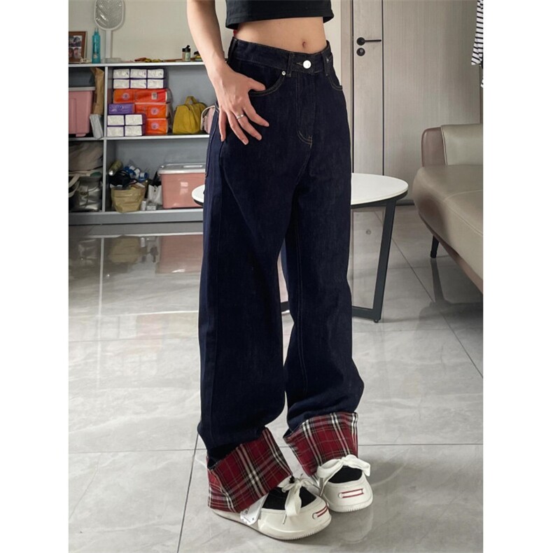 【网图有货】美式格子拼接卷边牛仔裤男女阔腿裤子NZ011CC-特P48,男装牛仔裤,星座1007（原301D）