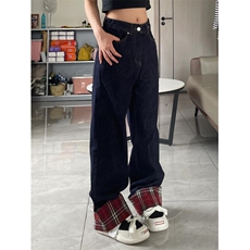 【网图有货】美式格子拼接卷边牛仔裤男女阔腿裤子NZ011CC-特P48，男装牛仔裤，星座1007（原301D）