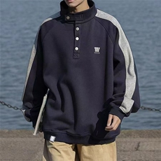 A03-P32美式复古运动立领卫衣vintage炸街男小众高级感排扣撞色，男装卫衣，电商B323A