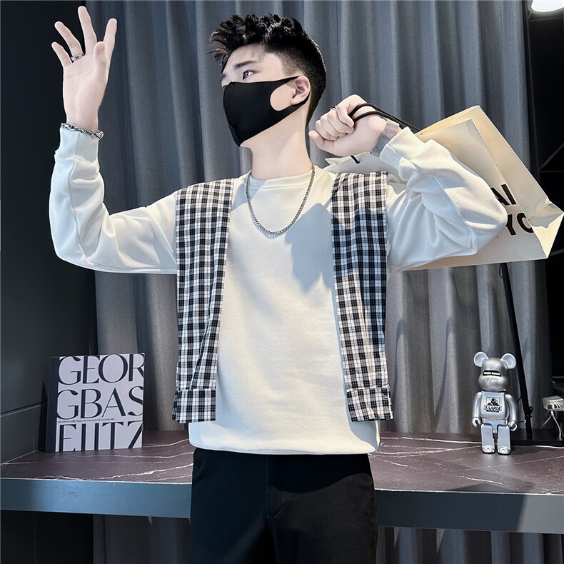 拼接格子围巾圆领卫衣男社会小伙店主风301C-WY65-特P58控88,男装卫衣,星座301C（原B323）