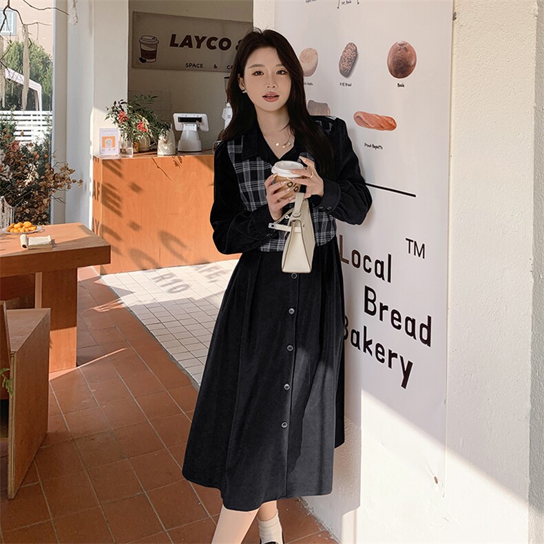 2024春装新款甜美设计感格纹假两件连衣裙P115K175，女装连衣裙，沫晗依美服饰