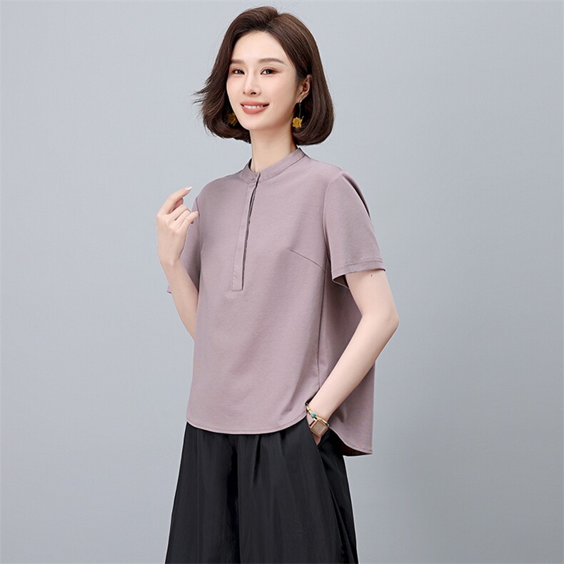 SHUYE原创设计文艺休闲宽松百搭独特裁设计小立领短袖T恤女2025,女装T恤,阿丹