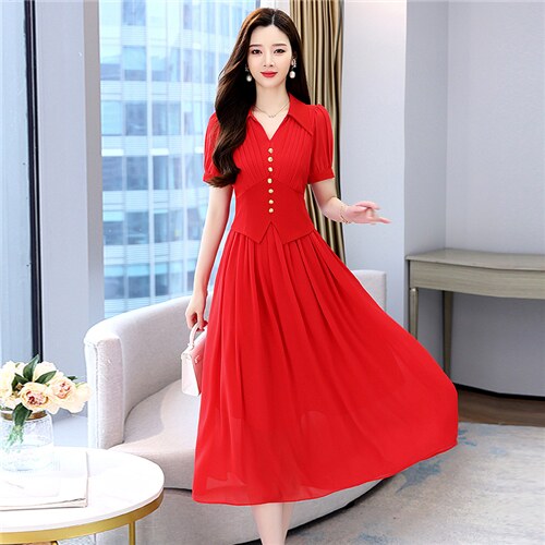 粉色雪纺连衣裙女夏2023新款高级感气质修身显瘦法式短袖绝美裙子,女装连衣裙,卡杰菲