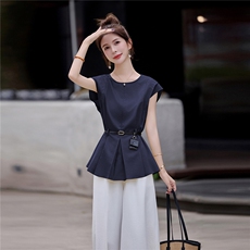 2025年夏季圆领简约上衣+白色阔腿裤两件套配腰带女，女装套装/套裙，微微衣阁