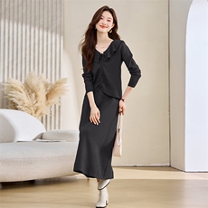 高级感时尚羊毛针织套装连衣裙2025新款秋冬气质过膝毛衣两件套裙，女装羊毛衫，艾米