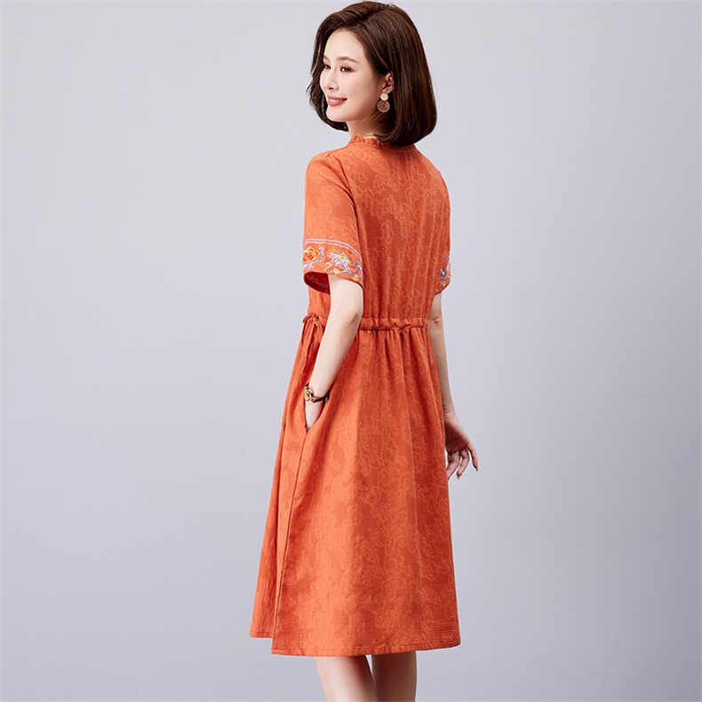 棉麻连衣裙2023夏装新款时尚收腰裙短袖复古文艺,女装连衣裙,欣美人