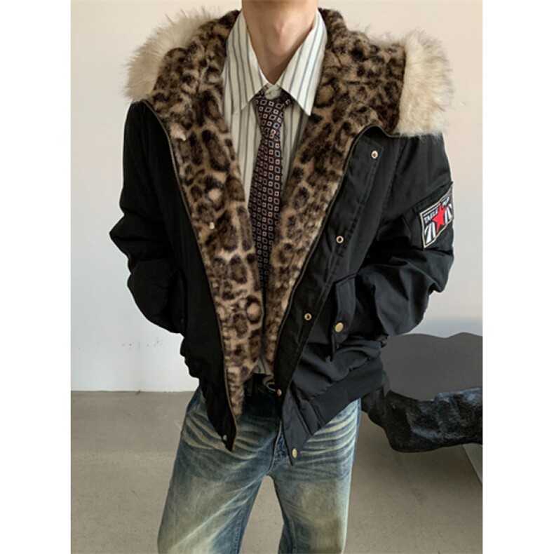 美式复古棉袄派克服豹纹毛领连帽棉服男冬季加厚棉衣外套M5036,男装棉衣,星座1116A（原606A-3）