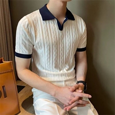 夏季透气拼色轻熟男Polo衫V翻领弹力提花纹理修身短袖针织S326，男装Polo衫，星座1116A-2（原606A-1）
