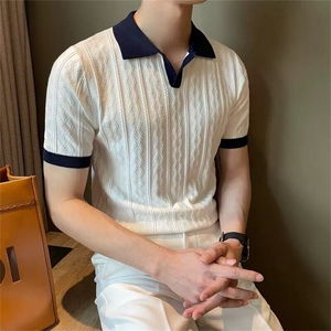 夏季透气拼色轻熟男Polo衫V翻领弹力提花纹理修身短袖针织 S326图片