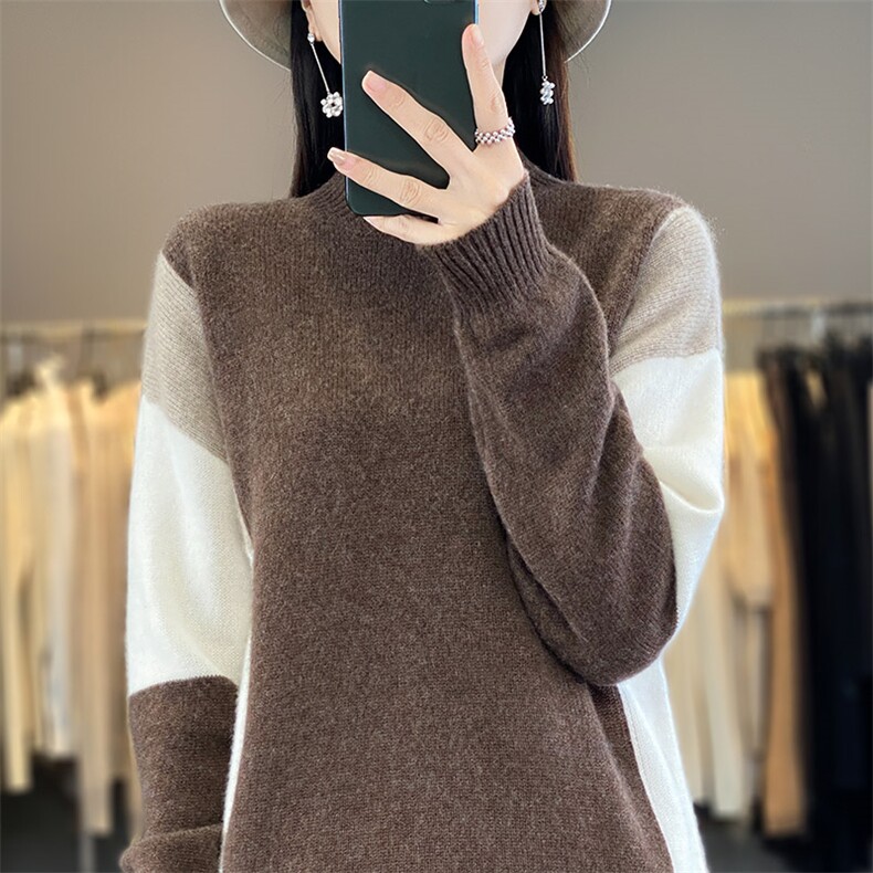 秋冬新款羊毛半高领撞色宽松毛衣,女装羊毛衫,秋虹羊绒