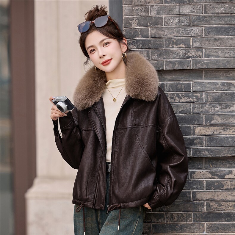 时尚大毛领加绒加厚皮衣外套女2025冬季新款宽松显瘦短款pu皮棉衣,女装皮衣,英标秀（1C119）