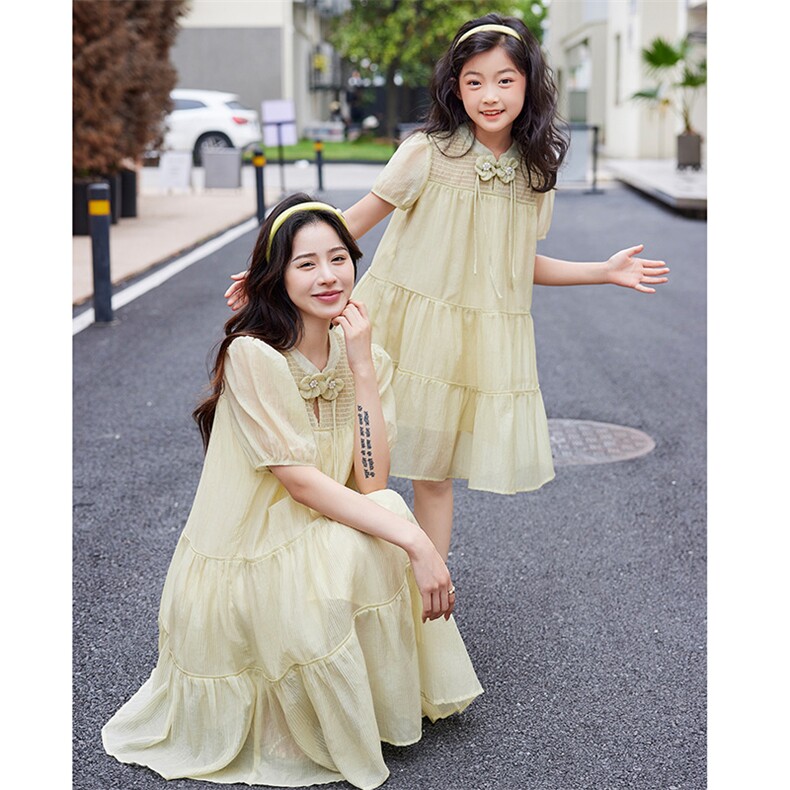 2023夏季纯色打揽松紧袖口复古风亲子连衣裙,女装连衣裙,安之芮娜