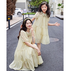 2023夏季纯色打揽松紧袖口复古风亲子连衣裙，女装连衣裙，安之芮娜