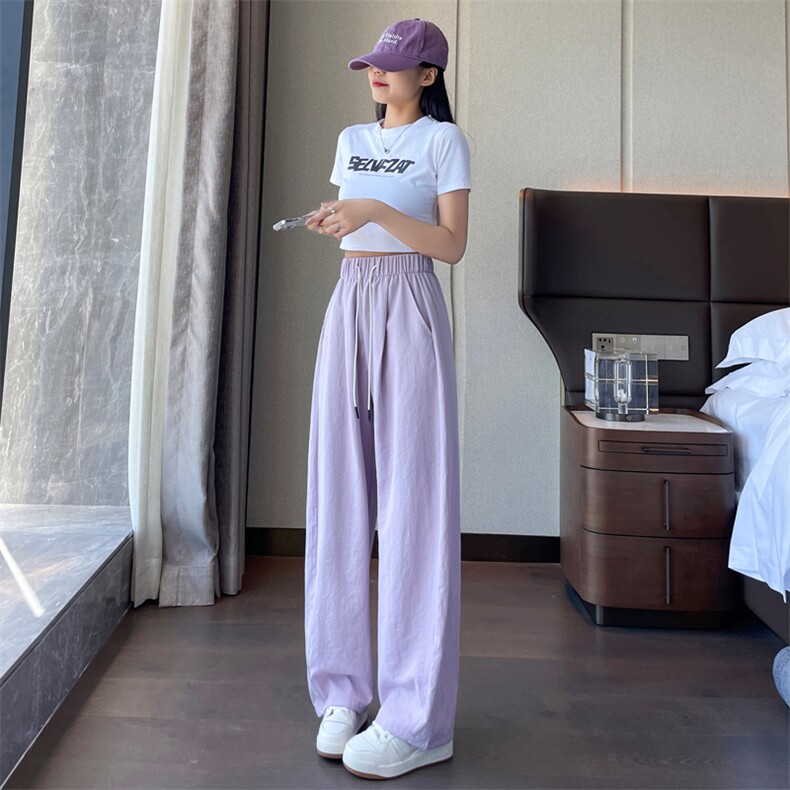 紫色运动阔腿裤女夏薄款2024新款高腰垂感宽松冰丝香蕉弯刀裤,女装休闲裤,梦白服饰厂