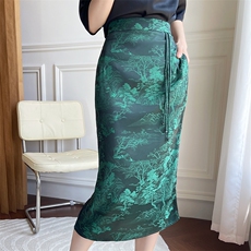 新中式包臀裙女2023夏季国风复古真丝提花醋酸半身裙开叉一步裙子，女装半身裙，朝贺羊绒