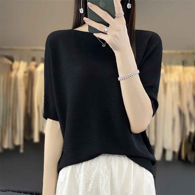 夏季高级感冰丝蝙蝠衫女2025宽松显瘦一字领半袖T恤上衣垂感小衫，女装T恤，丽特绒