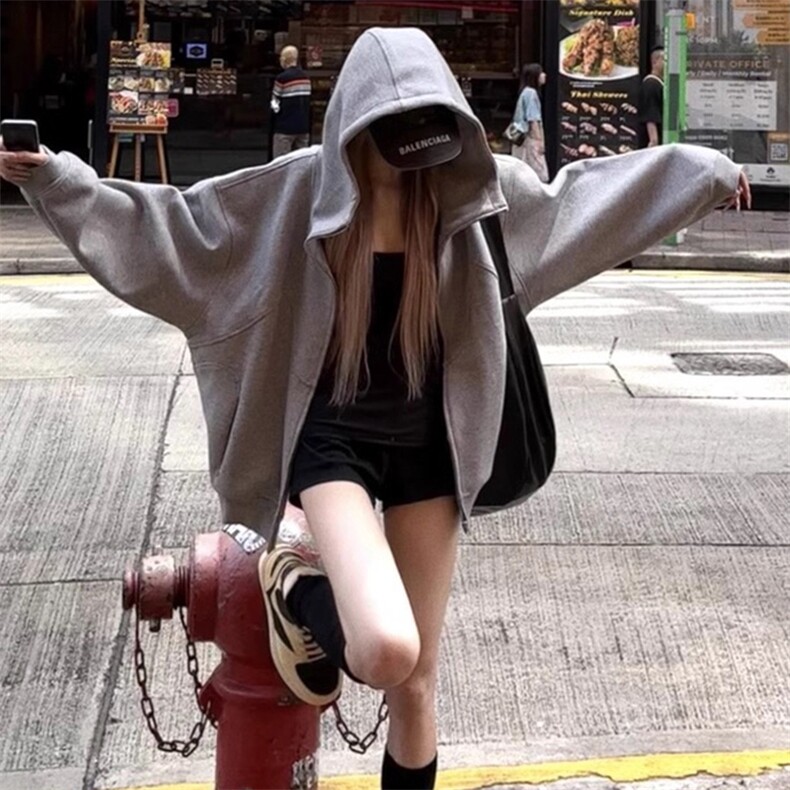 抖音得物高品质二开26春装美式高街重磅结构高领连帽卫衣外套W62,女装短外套,电商A486-1