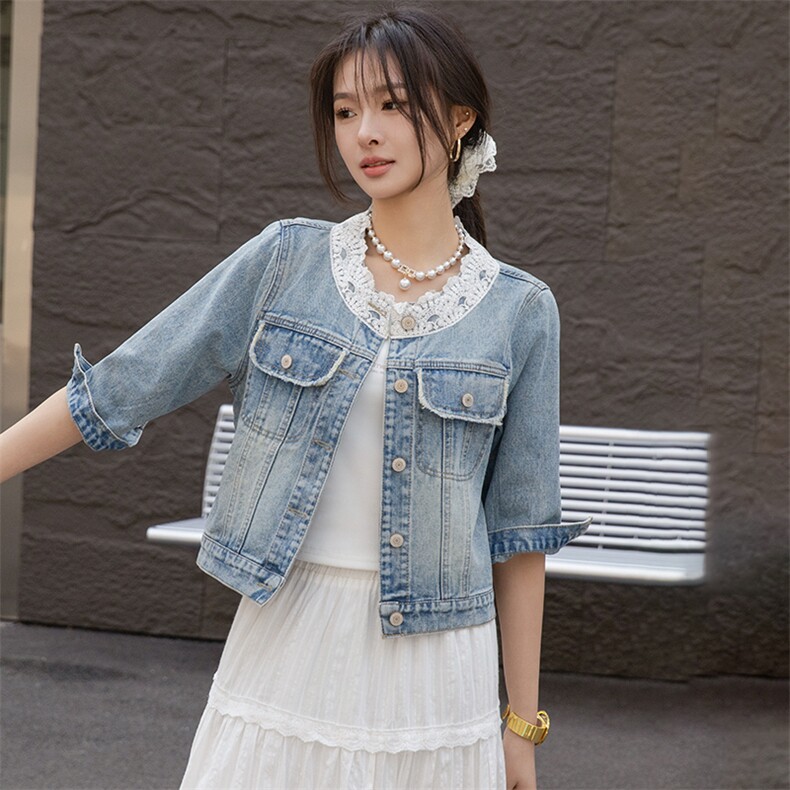 2025春季新款韩版蕾丝花边拼接翻领短款牛仔外套女长袖小个子夹克,女装牛仔外套,江南女神