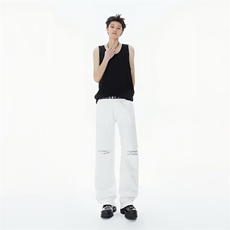 高街夏季新款破洞牛仔裤男款美式潮牌青少年显瘦直筒裤TA115P60，男装牛仔裤，星座1013-1
