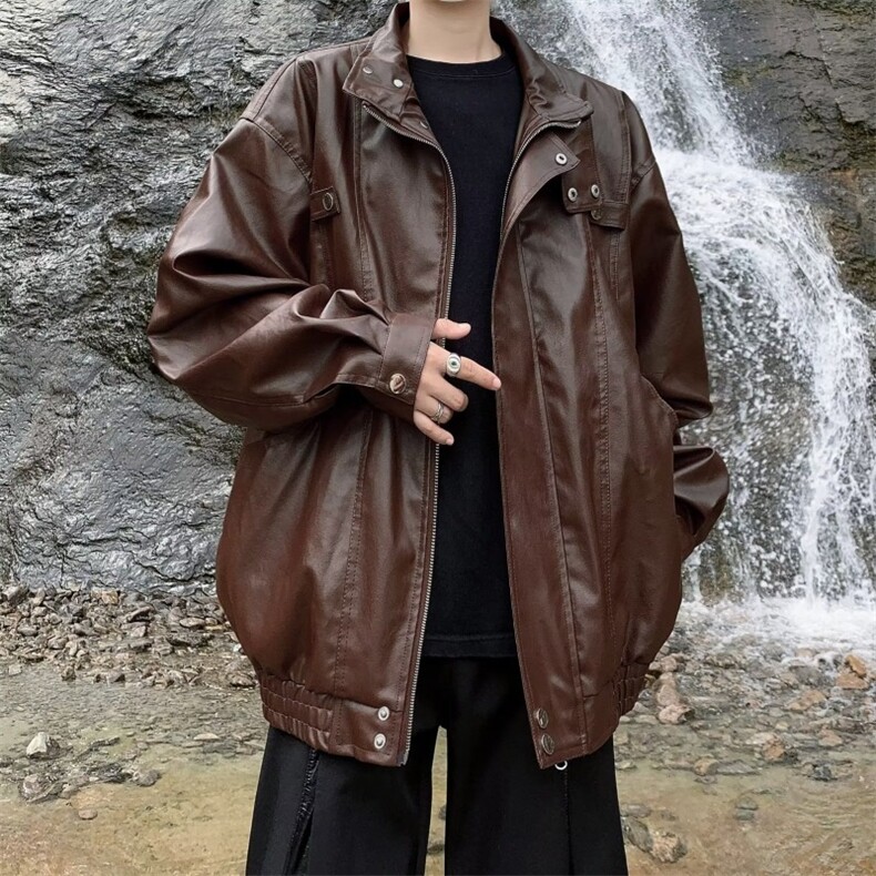 美式复古飞行员PU皮衣外套男女痞帅潮流宽松立领皮图片