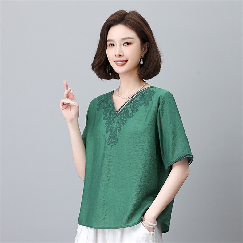 优雅刺绣V领短袖衬衫女夏季新款宽松显瘦百搭上衣气质女装,女装衬衫,叶笙衣