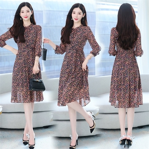 优雅木耳圆领七分袖收腰系带中长款雪纺碎花连衣裙2025春图片
