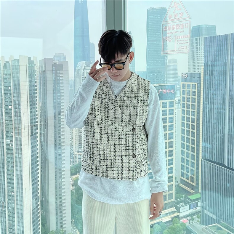 W10819-P35网图现货自在职场复古宽松小香风叠搭针织马甲背心,男装背心/马甲,星座1608