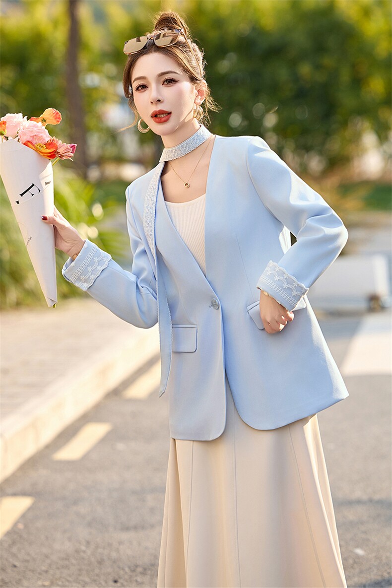 欧货精品轻奢女2025春季v领蕾丝边拼接带飘带休闲西服外套小西装,女装套装/套裙,采品优优