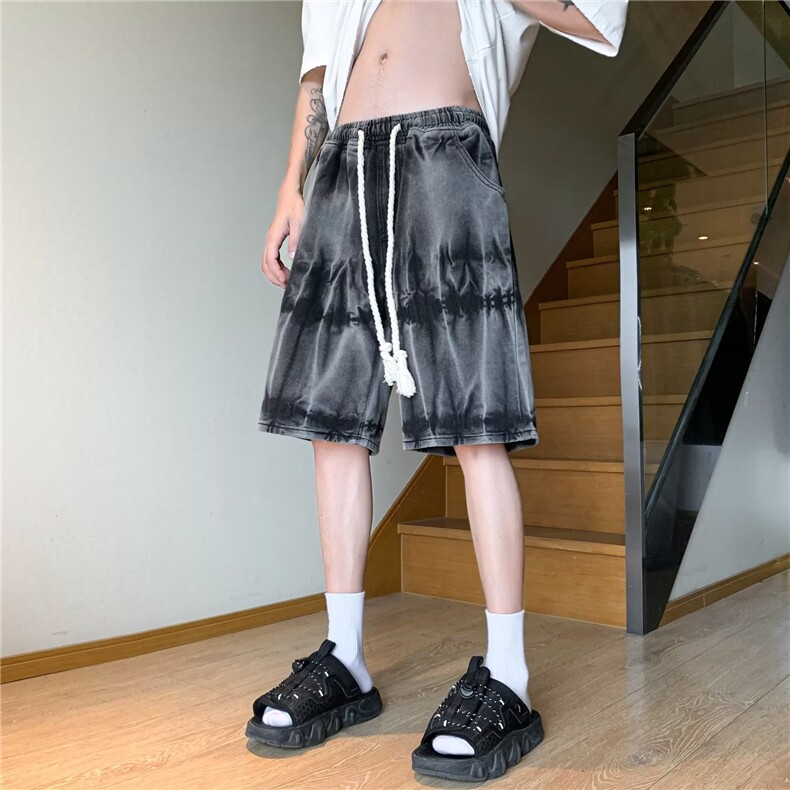 潮牌扎染牛仔短裤男夏季美式潮流水洗复古宽松五分裤D159P38,男装牛仔裤,星座1116-2