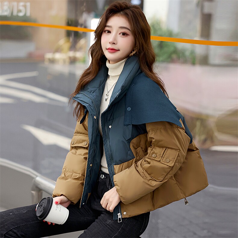 《现货新品》拼接披肩可拆卸羽绒服短外套,女装羽绒服,歌伊格美