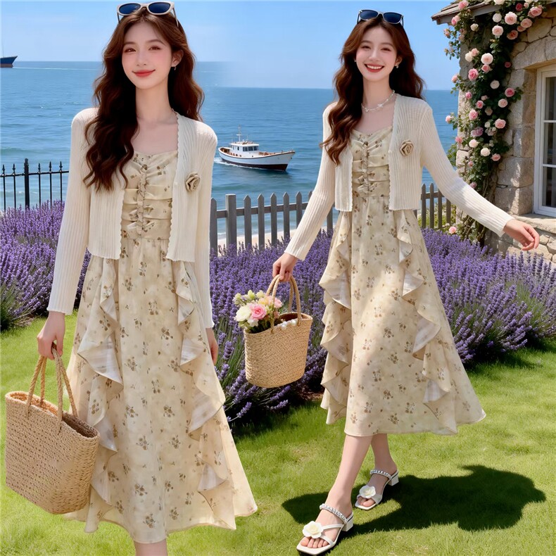 2026年夏季长袖针织开衫+吊带碎花连衣裙女度假风两件套裙，女装套装/套裙，贝蕾酷儿