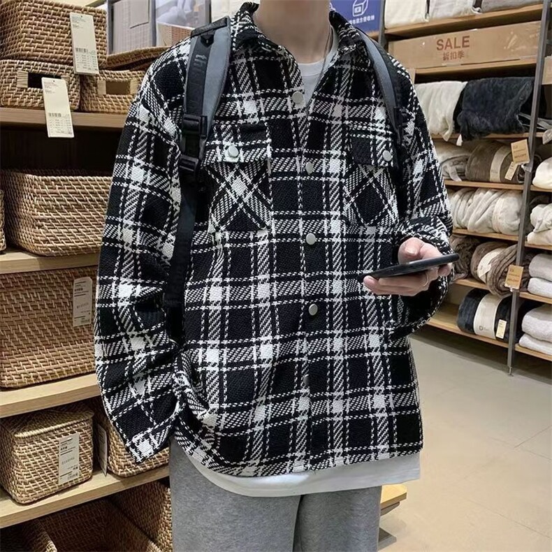2025潮男外套男春秋款长袖格子衬衫外穿时尚潮流翻领外套叠穿夹克,男装夹克,星座506A